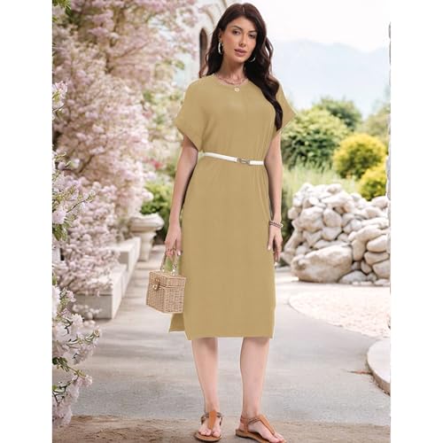 Image of Womens Casual T Shirt Dress Summer Fall Crewneck Loose Fit Side Split Knee Length Dress Ribbed Pattern with Pockets