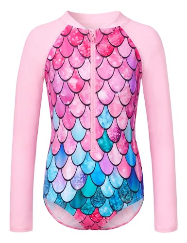 Image of Girls Long Sleeve Swimsuit Zipper Rash Guard Bathing Suit Swimwear with UPF 50+ Sun Protection for Toddler Kids