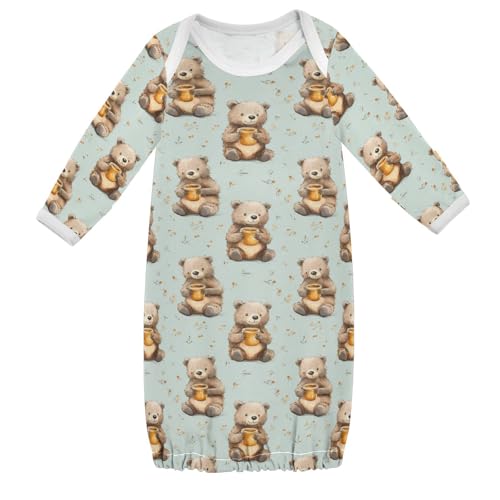vvfelixl Brown Bear Honey Baby Gown,Baby Sleepers Gown for Boy Girls Newborn Babys Nightgown for 6-12 Months Infant Cotton Nightdress Long Sleeve