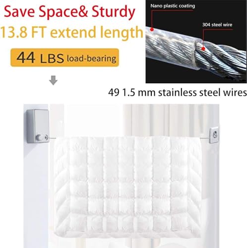 Image of Retractable Cloth line for Drying Clothes Indoor,Heavy Duty Double Cloth Drying Rope for Balcony,Wall Mounted Cloth Drying Stand Laundry Clothesline Adjustable Washing Line 13.8 Ft Wire (Medium)