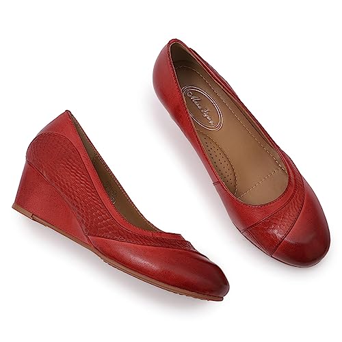 Image of Mona flying Women's Leather Closed Toe Mid Heel Wedges Comfy Dress Pumps