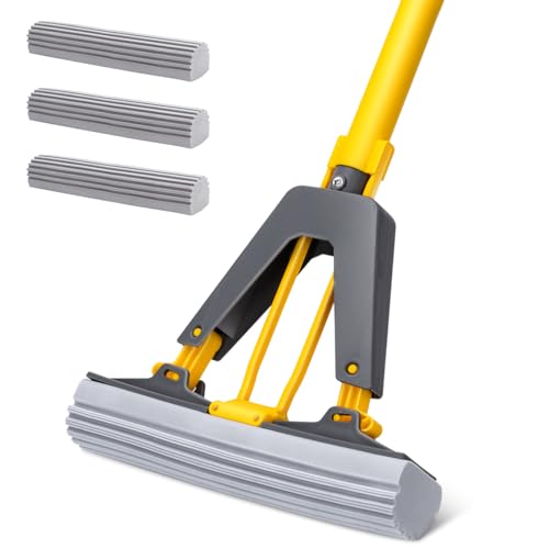 MASTERTOP Mop in spugna PVA, mocio per pulizia del pavimento con manico da 130 cm, mocio comprimibile assorbente con 3 teste di spugna MASTERTOP Mop in spugna PVA, mocio per pulizia del pavimento con manico da 130 cm, mocio comprimibile assorbente con 3 teste di spugna
