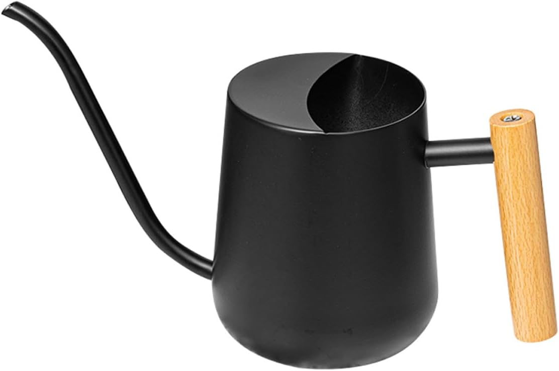 Toyvian Stainless Steel Handheld Watering Pot with Wooden Handle 1000ml Black Indoor Garden Watering Can for Flowers and Succulents