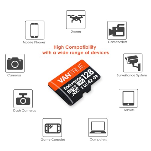 Vantrue 128GB U3 microSDXC UHS-I 4K UHD Video Monitoring Memory Card with Adapter for Dash Cams, Body Cams, Action Camera, Other Surveillance & Security Cams