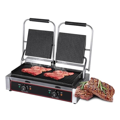 Image of PLYLAY 2200/3600W Non-Stick Sandwich Panini Press Grill, Electric Sandwich Maker with Adjustable Temperature, Single/Double Plates (Color : Silver, Size : Double Pan), 20240423