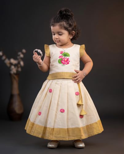 Image of Stanwells Kids Baby Girl Dress Cream Gold Pattu Pavadai Cotton Silk Lehenga Choli Kerala Kasavu South Indian Onam Festival Traditional Ethnic Wear