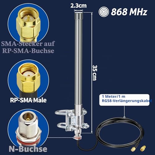 Bingfu 868 MHz LoRa Antenne 3dBi Outdoor LoRaWAN Fiberglas Antenne mit 1m Kabel SMA/RP-SMA Stecker für Meshtastic RAK Nebra Bobcat HNT Hotspot Miner SyncroBit LoraWan Gateway Lora Module Repeater