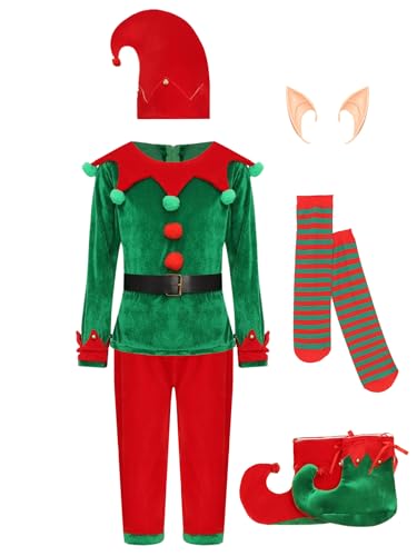 Fldy Disfraz infantil unisex de elfo de Navidad con gorro de duende con orejas de elfo, zapatos de Papá Noel, pequeño ayudante, ropa de fiesta, traje de Navidad, verde, 110 cm-116 cm