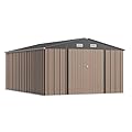 Greesum 10×14 FT Outdoor Storage Shed, Metal Storaged Sheds Without Floor, Tool Sheds with Lockable Doors and Sloping Roof for Garden, Patio, Brown
