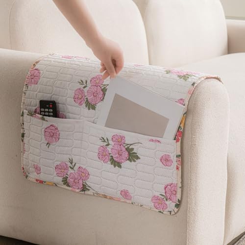 Image of HOMETHREADS Anti-Skid Sofa Protector Mat: Premium Printed Cotton Slipcover with Strong PVC Non-Slip Backing, (White Pink, 2Pc Armrest Mat | 50x75cm)