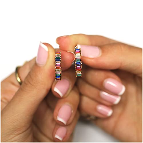 Savlano 14K Gold Plated Cubic Zirconia Multicolor Rainbow Round Hoop Stud Earrings for Women Comes with a Gift Box4
