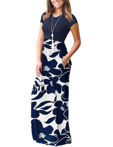 Image of MISFAY Women's Short Sleeve Maxi Dresses Long Casual Dresses with Pockets | Empire Elastic Waist, Crew Neck, Floor Length, Strentchy Flowy A Line Fit, Loose Plain Summer Outfits, Vacation Wear