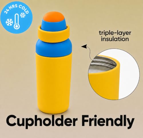 Image of HomeCloud 500ML Stainless Steel Water Bottle for Kids - Double Wall Vacuum Insulated, Leakproof Straw Lid, BPA-Free Reusable Flask with Dual Drinking Spout for School, Travel & Sports (Yellow Orange)