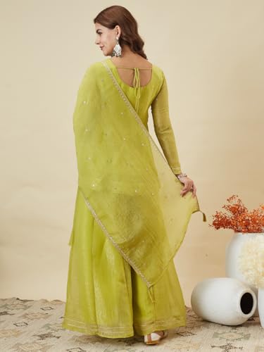 Image of MOKOSH Women's Silk Embroidery Peplum Kurta Sharara with Dupatta | Anarkali Kurta Set | Sweetheart Neck Full Sleeve Ethnic Suit | 3 Piece Outfit | Indian Kurta Outfit With Sharara