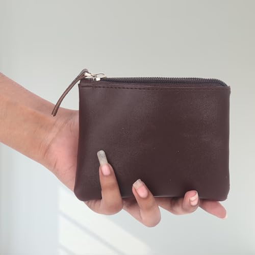 Image of Small Vegan Leather Coin Purse Pouch, Minimalist Zipper Wallet Set in Black and Beige, Compact Money Organizer, Makeup Pouch (Brown-Grey)