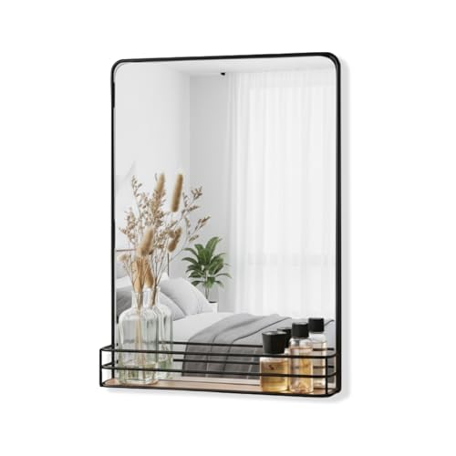 Avilia Specchio da Parete Moderno con Cornice Nera e Ripiano in Legno - Specchio da Bagno con Mensola Portaoggetti Integrata - Design Elegante per Ingresso, Camera e Corridoio
