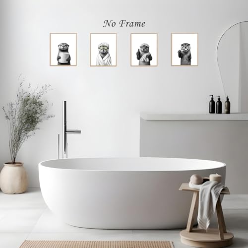 Image of Boat Wades Funny Sea Otter Bathroom Wall Art Prints Set of 4, Coastal Beach Bathroom Decor, Otter Animal Posters Pictures Wall Decor for Bath Room Washroom Restroom Toilet, 8x10 Unframed