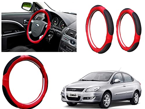 Image of Microfiber Car Steering Wheel Cover, Soft Padding Great Hand Feel, Anti-Slip, Faux Leather Steering Cover for Chery Cielo | Black Red Jali - Pack of 1