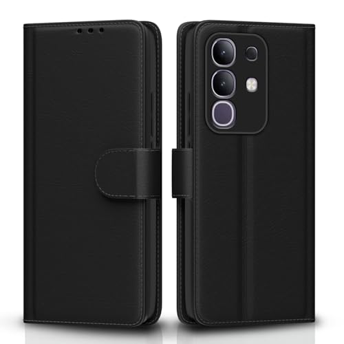 Image of Amazon Basics Flip Cover for Vivo T4x 5G / iQoo Z10x 5G Leather Finish | Wallet Stand and Shock Proof | Inside TPU with Card Pockets | Complete Protection Flip Case(Black)