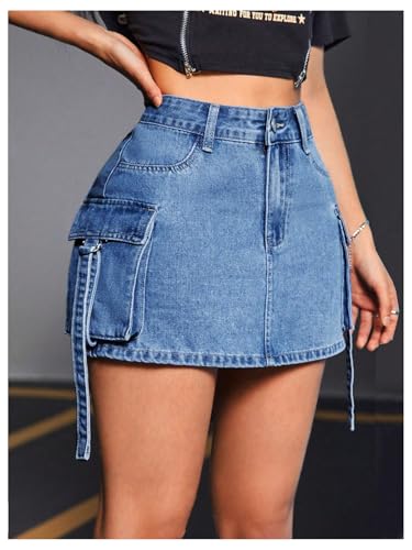 MakeMeChic Women's Denim Skirt Button Y2k Mini Cargo Jean Skirts with Flap Pocket3