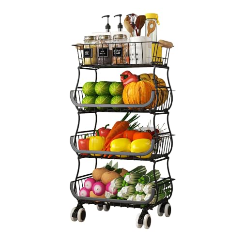 Stackable Metal Wire Basket Cart with Rolling Wheels - Multi-Tier Storage Organizer for Kitchen, Pantry, Office, and Home, Space-Saving Design, Easy Mobility