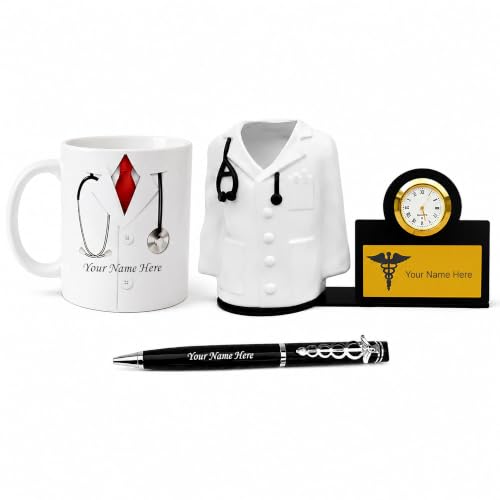 Image of SAVRI Personalized Doctor's Desk Set: Pen, Fiber Pen Stand with Watch & Ceramic Mug - Gift for Family & Friends - Customized with Doctor's Name - Ideal Gift for Doctors & Surgeons