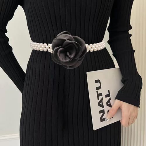 Pearl Flower Belt for Women Skinny Elastic Pearl Belts Bridal Wedding Waist Belt White Camellia Stretchy Chain Belt for Dress4