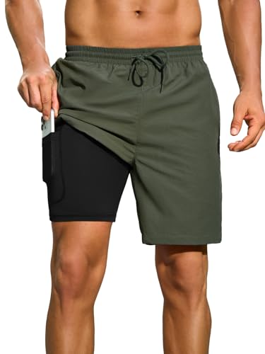 INCERUN Men's Swim Trunks with Compression Liner Quick Dry Board Shorts Swimsuit Swimwear for Men with Zipper Pockets Army Green XX-Large