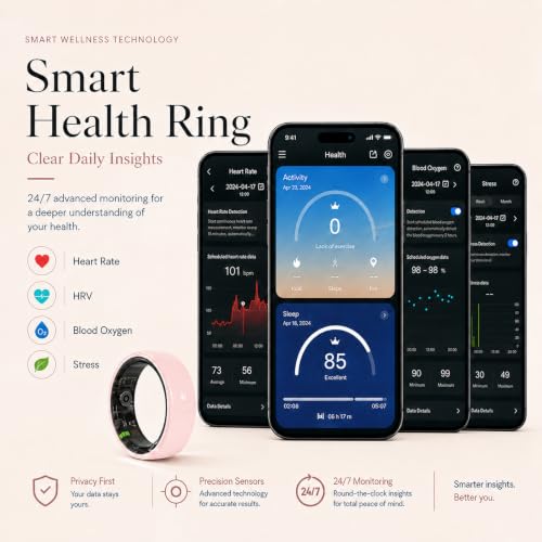 Image of Ceramic Pink Smart Ring for Women & Men, Health Tracker, Pink 7 | 5ATM Waterproof, Heart Rate, Blood Oxygen, HRV, Stress /Sleep /Activity Tracking, 5-7 Day Battery, Charging Case, iOS & Android