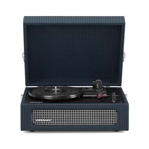 Image of Crosley CR8017B-NY Voyager Record Player, Dark Navy | 3-Speed Turntable, Bluetooth In / Out, Built-in Full-Range Stereo Speakers, Adjustable Pitch Control