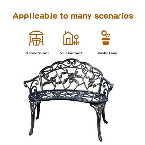 Jardin De Centennial Patio Garden Bench Metal Park Bench Cast Aluminum Outdoor Furniture With Floral Rose For Patio,Park,Lawn,Yard (Copper) #TOP1
