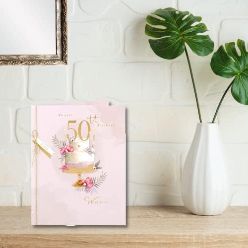 Clintons: Floral & Fern With Gold Effect Cake 50th Birthday Card, 50th Milestone Birthday Greetings Card, 200x155mm, multi-color