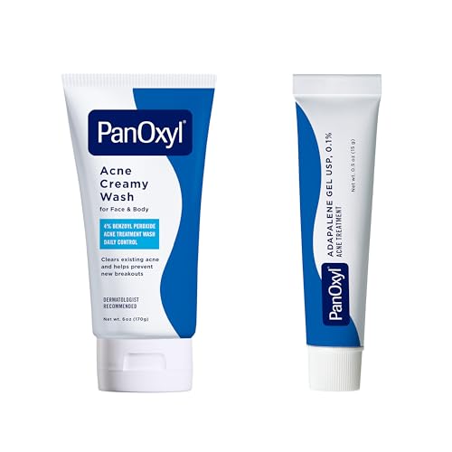 Acne Skincare Bundle PanOxyl Adapalene 0.1% Leave-On Gel, 30 Day Supply, 0.5 oz + PanOxyl Antimicrobial Hydrating Acne Creamy Wash, 4% Benzoyl Peroxide, 6 Ounce
