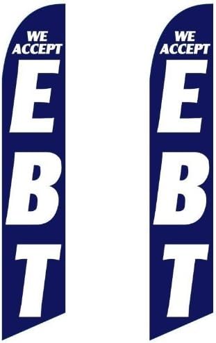 Miniatura 1 de Paquete doble de banderas Swooper de manga completa ACEPTAMOS EBT azul con texto blanco grande