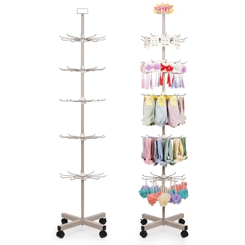 Image of Retail Display Stand Store Display Rack 5 Tier Metal Spinning Display Stand Rack with Wheels Keychain Jewelry Stocking Hat Display Stand with Hooks for Malls, Showroom, Retail Store (Grey)