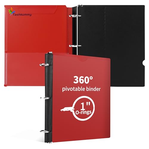 Tashkummy 360 Degree Pivotable Binder, Upgraded 3 Ring Binder 1 inch, Flexible Binders 3 Ring, Foldable Three Ring Binders- Red