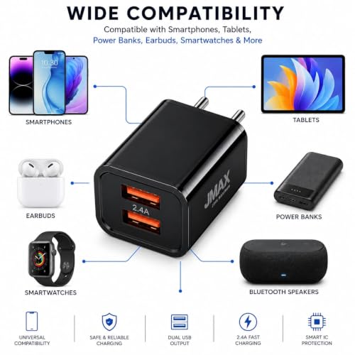 Image of Jmax 2.4A Dual USB Mobile Charger with Free Micro USB Cable | Fast Charging Dual USB Wall Charger Adapter | Smart IC Protection | Compatible with Nokia, Samsung, Lava, Jio, OnePlus, Realme, Oppo