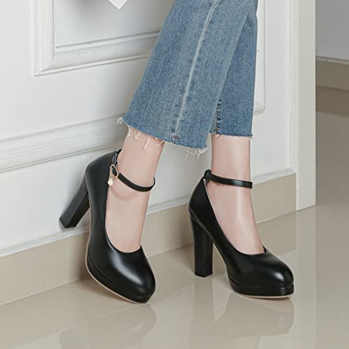 VOKLIN Women's Round Toe Platform Chunky Block High Heel Pumps Ankle Strap Party Dress Mary Janes Pump Shoes4