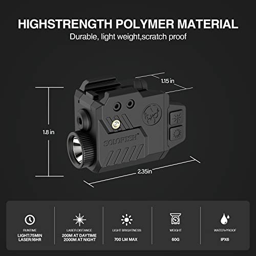 SOLOFISH 700 Lumens Pistol Light Laser Combo, Strobe & Memory Function for Red/Blue Laser and Tactical Flashlight with Slidable Rail Fits Full Size & Compact Guns w/Rail