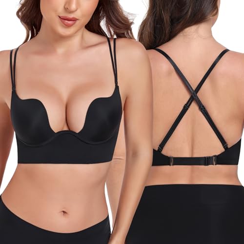 Image of Lemorosy Backless Push Up Bra Low Back Multiway Convertible Deep Plunge Underwire for Support