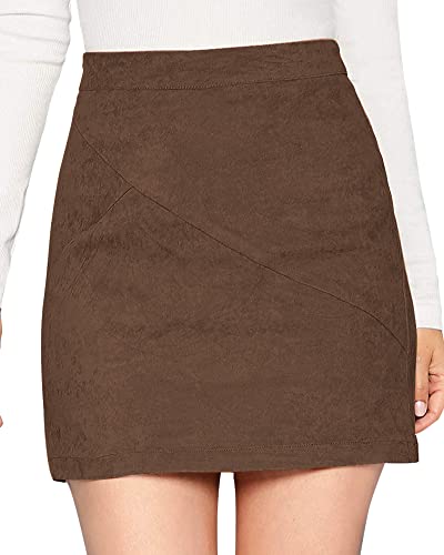 Image of MANGOPOP Women's Basic Faux Suede High Waist A-line Mini Pencil Bodycon Skirt (A03 Khaki, Small)