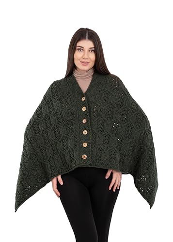 Image of SAOL Aran Poncho 100% Merino Wool for Ladies with Buttons V-Neck Shawl Cardigan