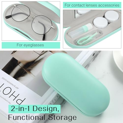 Image of MoKo Double Eyeglass Case, Contact Lens Case with Mirror Tweezers Remover, 2 in 1 Double Sided Portable Contact Lens Box Holder Container Soak Storage Kit Sunglasses Pouch for Men & Women, Green