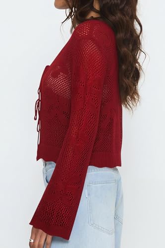 Image of Balimtoy Women Tie Front Cardigan Crochet Sweater Crop Tops Cute Bell Long Sleeve Knit Shrug Beach Vacation Cover Up
