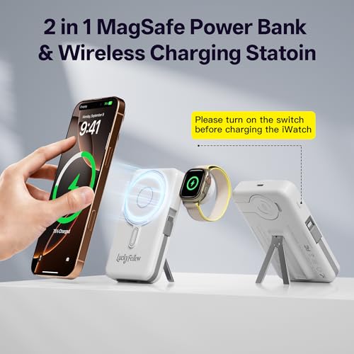 LUCKYFELLOW Magnetic Portable Charger Built-in Cables,10000mAh Fast Charging Wireless Charger Station External Battery Pack Slim Pocket Size Power Bank with Stand Compatible with iWatch, iPhone - image 2