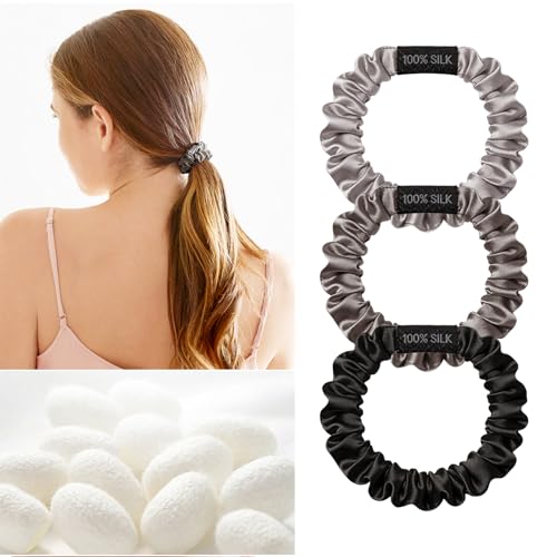 Image of THXSILK 100% Mulberry Silk Small Scrunchies 3-Pack, 25 Momme Low Profile Hair Ties for Fine Hair, Sleek No Damage Ponytail Holders for Everyday Use(Grey, Charcoal, Black)