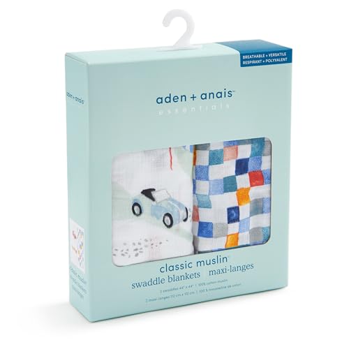 Image of aden + anais Essentials Cotton Muslin Swaddles, Breathable Baby Blanket, Ideal for Boys, Girls, Newborns, Babies & Infants, Receiving Blanket, Soft and Lightweight Wrap, 2 Pack, Vintage Car Rally