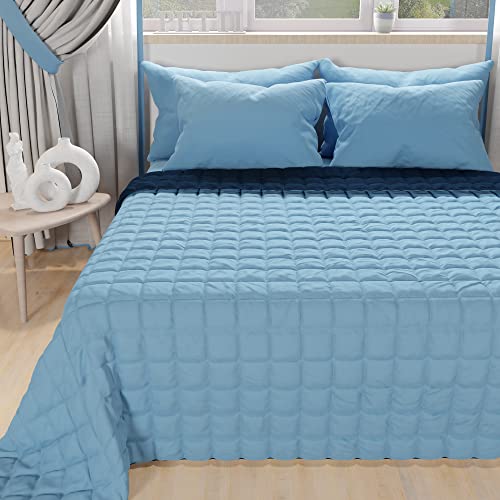 PETTI ARTIGIANI ITALIANI - Colcha Doble Reversible 240x260 cm en Microfibra, Cubre Cama Primavera Doble, Edredón Reversible 2 Personas, Azul Celeste, 100% Fabricado en Italia