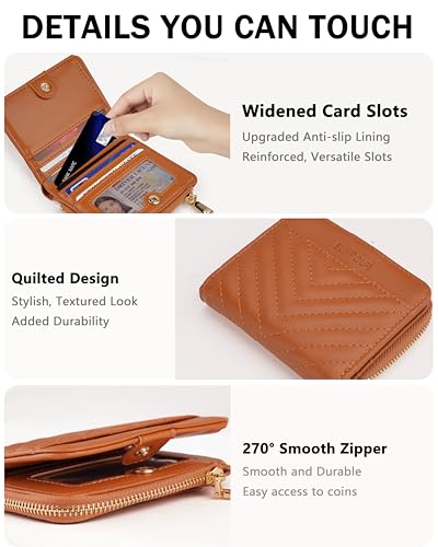 Image of Small Bifold Wallets Woman RFID Mini Wallet for Women Slim Card Holder with Zipper Coin Pocket & 2 ID Windows (Brown)