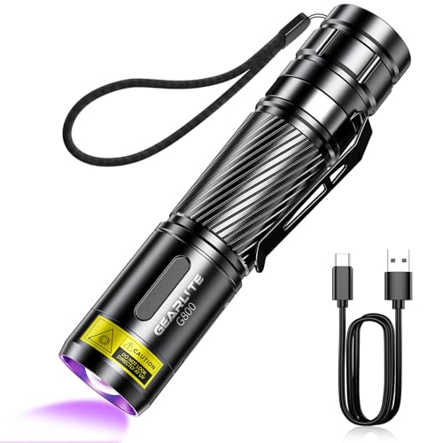 GEARLITE LED UV Taschenlampe Aufladbar Mini UV Lampe Schwarzlicht Flashlight 395nm Zoombare Ultraviolettes Licht Torch IP65 Wasserfest für Bernsteinsuche Geocaching Heimtierurindetektoren Falschgeld